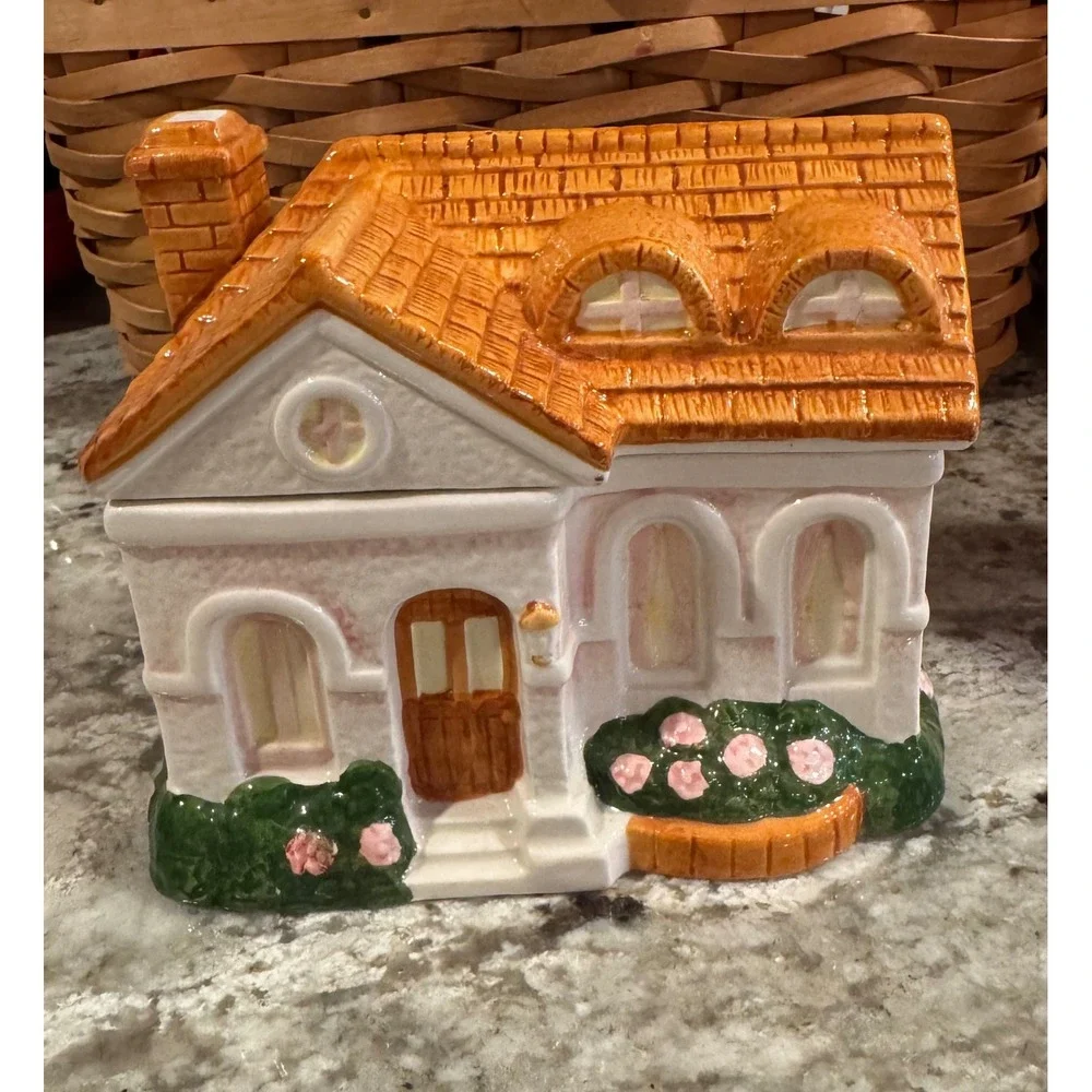 Vintage Ceramic Cottage House Trinket Box Pink Roses Orange Roof